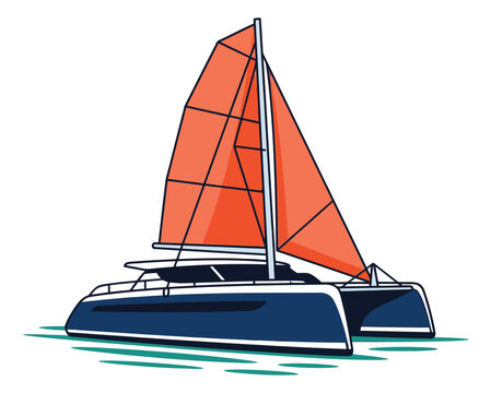 Flat illustration of a catamaran sailboat depicting a twin hull vessel with orange sails for nautical and travel design