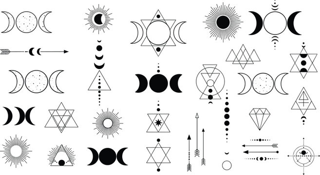 Celestial mystical symbols collection with triple moon goddess, sunbursts, sacred geometry triangles, bohemian arrows, alchemy signs, and lunar phase aesthetic vector.