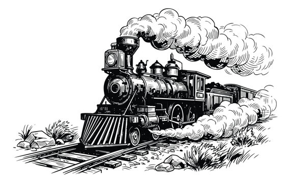 Engraving illustration of a steam locomotive depicting a vintage train in motion with billowing smoke for transportation and history design