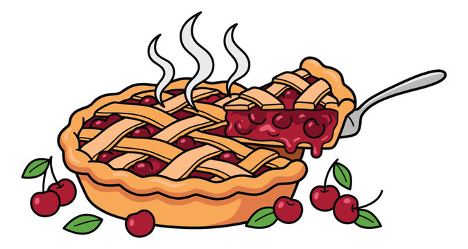 Cartoon illustration of a fresh baked cherry pie depicting a warm lattice crust with a serving slice lifted for food and bakery design