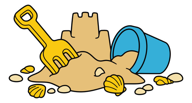 Cartoon illustration of beach sand castle depicting summer play with shovel bucket and seashells for kids and vacation design