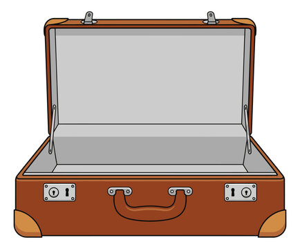 Cartoon illustration of an open brown suitcase depicting an empty travel bag for tourism and vacation design
