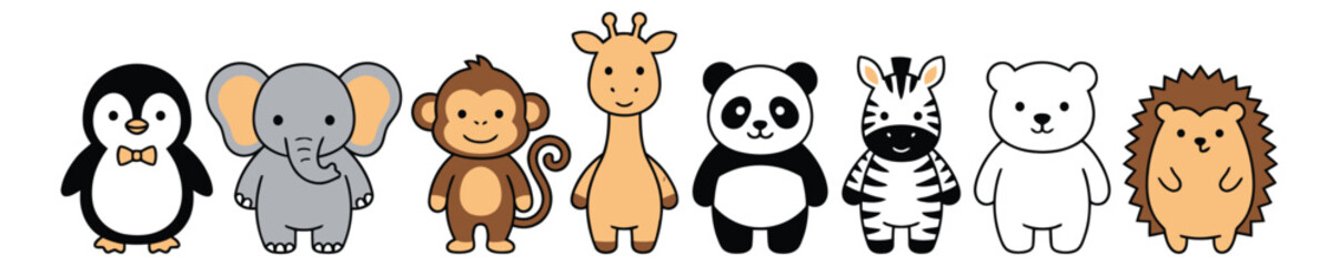 Obraz premium Cartoon icon set of 8 cute animals featuring penguin, elephant, monkey, giraffe, panda, zebra, bear and hedgehog for children design