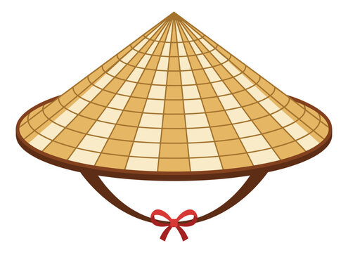 Flat illustration of a traditional Asian conical hat depicting woven bamboo design with red bow for cultural and fashion use