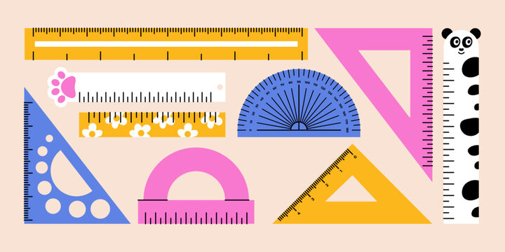 Cartoon math rulers. Triangular measuring protractor math geometry tools, school stationery supply for study and work, cute measurement equipment flat style. Vector isolated set