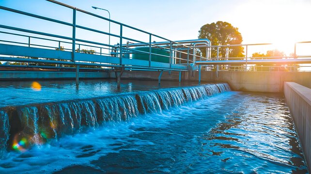 Water treatment plant flow with clear water cascading over dam structure at sunset