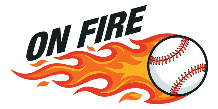 Cartoon illustration of a flaming baseball depicting high speed motion with bold on fire text for sports and team design