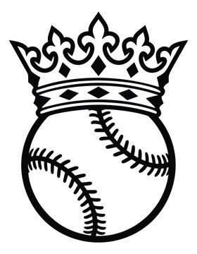 Bold outline illustration of a baseball with royal crown depicting a champion sports emblem for team and apparel design