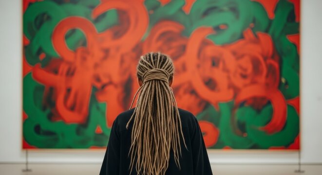 Woman viewing modern art gallery painting.