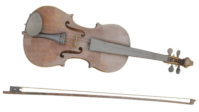 Antique violin and bow on white background.