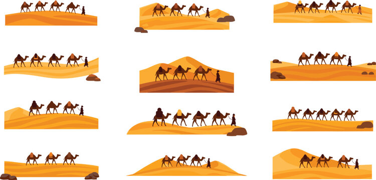 Camel caravan desert landscape set with silhouettes, sand dunes and travel scenes, Arabian safari vector illustration collection