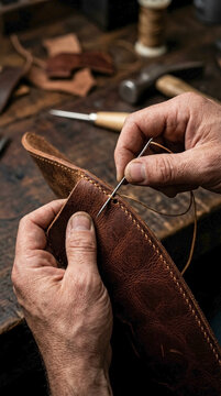 Hands stitching leather with needle and thread, showcasing precise craftsmanship. Close up view of hands stitching leather, demonstrating traditional leatherwork technique.