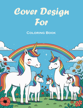 Family of unicorns in meadow with rainbow for coloring book cover.