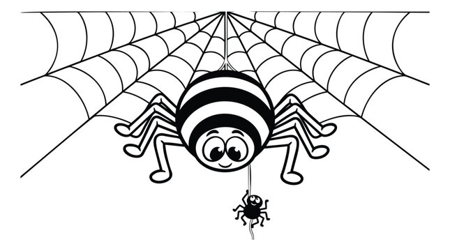 Cartoon illustration of a cute spider hanging from a web depicting a smiling character with baby spiderling for Halloween design