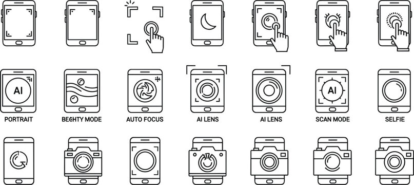 Smartphone Camera Modes and Settings Icon Set Featuring Auto Focus, AI Lenses, Selfie, and Portrait Mode