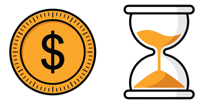 Flat icon set of 2 featuring a dollar coin and hourglass depicting money and time concept for business and finance design
