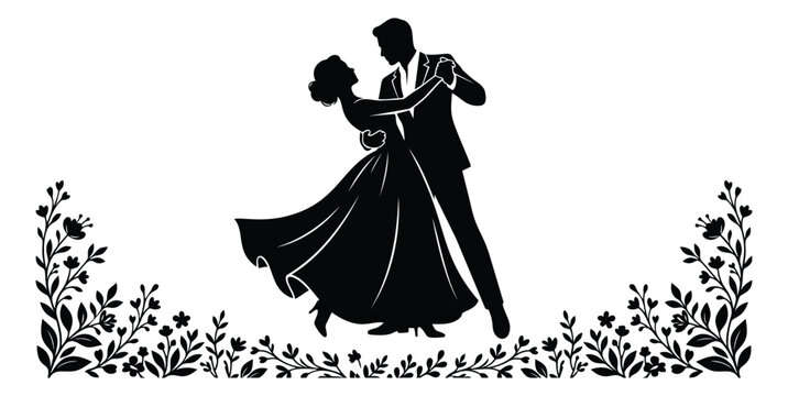 Silhouette illustration of couple dancing waltz depicting romantic ballroom dance with floral border for wedding design