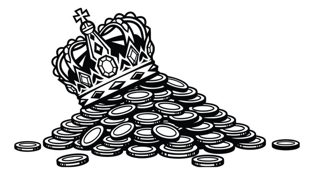 Engraving illustration of a royal crown resting on a pile of gold coins depicting wealth and luxury for finance and gaming design