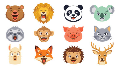 Naklejka premium Cartoon icon set of 12 cute animal faces featuring bear, lion, panda, koala, sloth, monkey, pig, cat, llama, fox, hedgehog and deer for children design