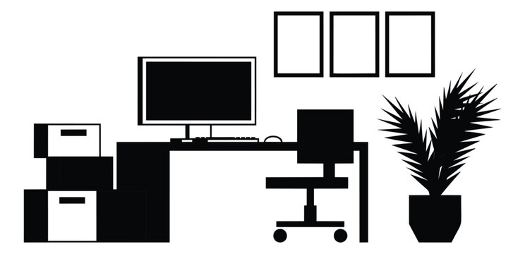 Silhouette illustration of home office workspace depicting desk setup with computer monitor chair and plant for interior design