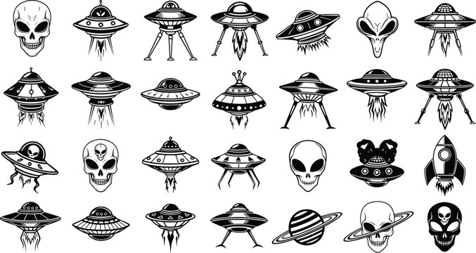 Alien silhouette illustration, extraterrestrial beings waving, UFO flying saucers, sci‑fi icon design, space mystery, cosmic encounter, futuristic extraterrestrial symbol