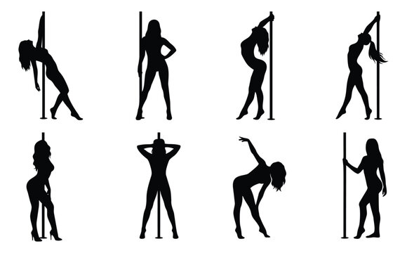 Silhouette icon set of 8 pole dancers featuring women performing dynamic poses for entertainment and fitness design