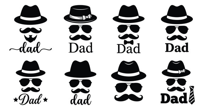 Silhouette icon set of 8 dad figures featuring fedora hats mustaches beards and sunglasses for fathers day design