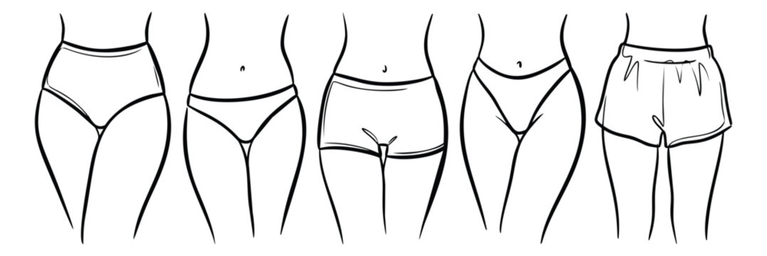Line art set of 5 women underwear styles featuring bikini briefs boyshorts and shorts for fashion and lingerie design