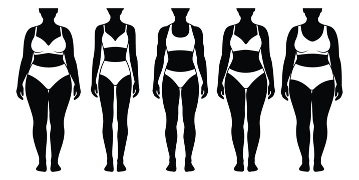 Silhouette set of 5 female body types featuring plus size and slim figures in underwear for body positive design