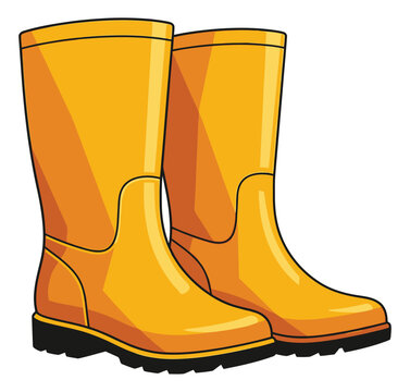 Cartoon illustration of yellow rubber rain boots depicting a pair of waterproof footwear for weather and outdoor design