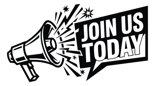 Bold cartoon illustration of a megaphone with speech bubble depicting join us today call to action for recruitment and marketing design