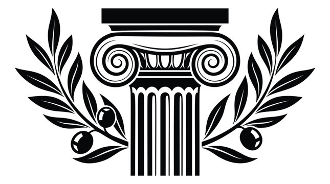Flat silhouette illustration of ionic column with olive branches depicting ancient greek architecture for classical and historical design
