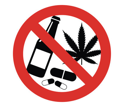 Red prohibition sign with a graphic of a bottle, marijuana leaf, and pills, say no to substance abuse with this bold prohibition sign featuring alcohol