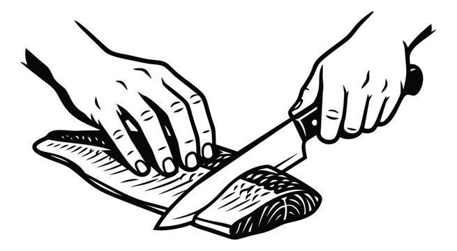 Engraving style illustration of hands filleting fish depicting knife slicing salmon fillet for culinary and food design