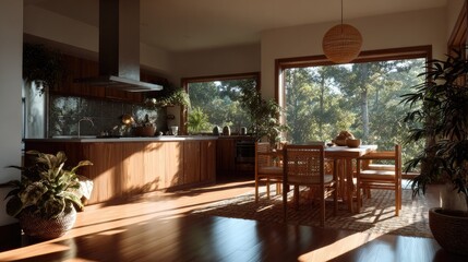 Fototapeta premium Serene Kitchen Interior: Bathed in the soft glow of sunlight, this kitchen interior combines modern design with natural elements to create a tranquil space.
