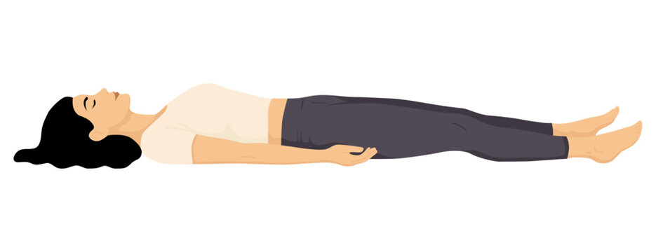 Vector illustration of a woman lying in corpse pose savasana yoga position in deep relaxation with arms resting beside the body