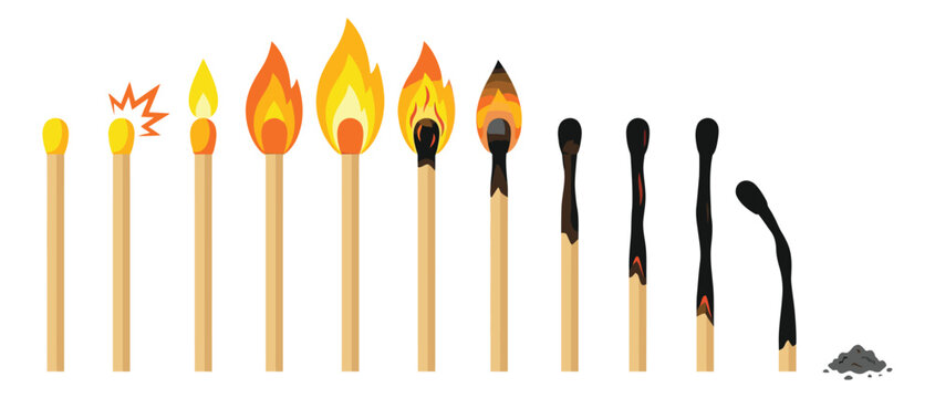 Flat cartoon set of 11 matches depicting sequential burning stages from unlit to ash for fire and lifecycle design