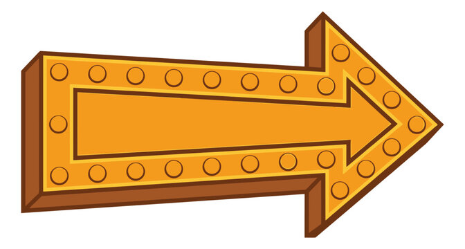 Cartoon illustration of a vintage marquee arrow sign depicting a retro directional pointer with decorative bulbs for entertainment and signage design