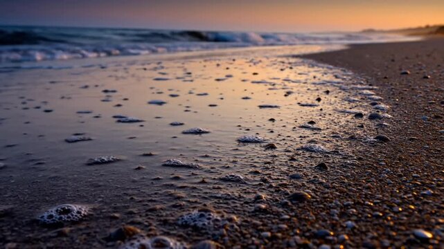 Low angle close-up of foamy ocean waves gently washing onto a sandy beach during sunset.
