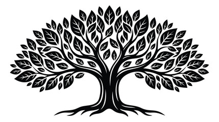 Obraz premium Silhouette illustration of a large leafy tree depicting sprawling branches and exposed roots for nature and family heritage design