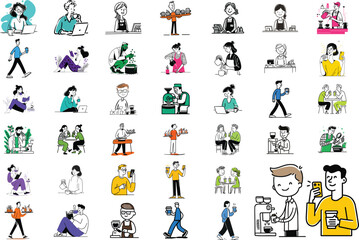 Fototapeta premium People engage with technology, coffee, and conversations in a cheerful vector illustration collection showcasing various daily routines and work-life balance.