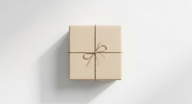 Gift wrapped in brown paper with twine on a white surface with shadow