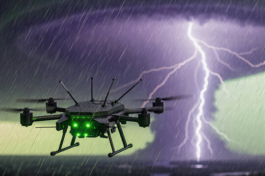 A storm-chaser drone braves a torrential downpour, its green lights piercing the gloom. A massive supercell looms as a bright bolt of lightning cracks across the sky. Meteorology technology concept