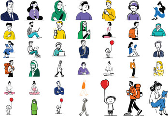 Fototapeta premium A diverse collection of engaging vector illustrations showcasing people engaged in various daily activities and modern lifestyles, perfect for a wide range of graphic design projects.