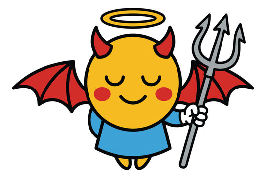 Cartoon illustration of a cute emoji character depicting a devil angel hybrid holding a trident for Halloween and fantasy design