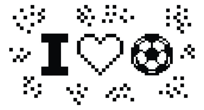 Pixel art illustration of I love soccer phrase featuring retro 8 bit heart and football for sports and gaming design