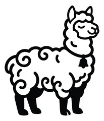 Naklejka premium Cartoon illustration of a fluffy alpaca depicting a cute standing animal with curly wool and bell collar for farm and pet design
