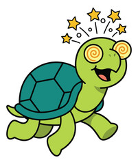 Obraz premium Cartoon illustration of a dizzy turtle depicting a spinning eyed character with stars for children and fun design