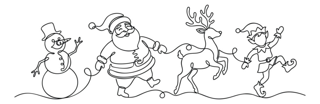 Line art illustration of Santa Claus snowman reindeer and elf depicting festive Christmas characters dancing together for holiday design
