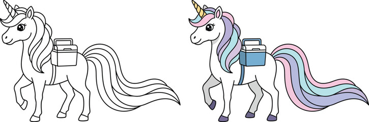 Unicorn cartoon character carrying box with flowing mane in clean vector outline style © MDBorhan